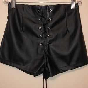 Black Fake Leather Lace Up Shorts